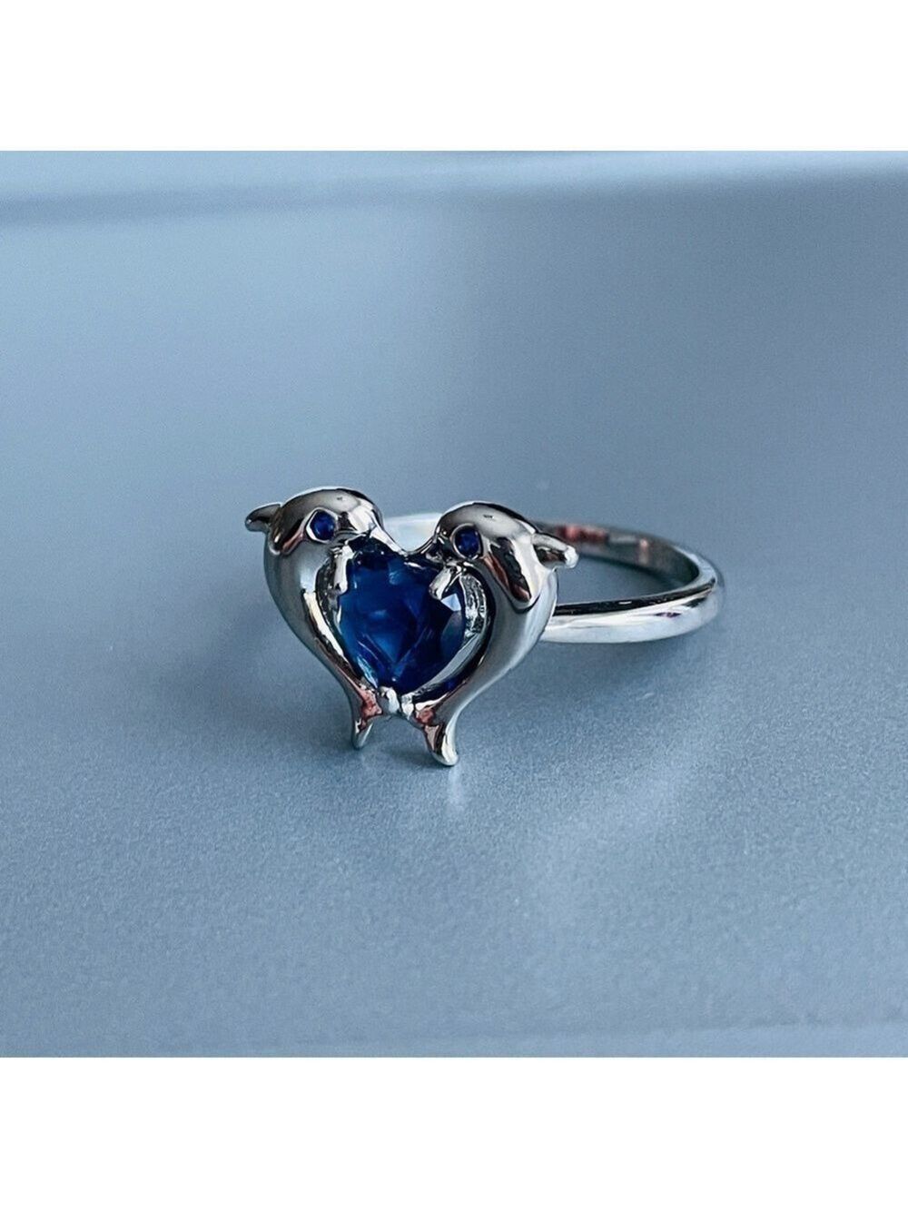 Lab Sapphire Heart 2 Dolphins Sterling Silver Ring Beach Ocean Summer - Picture 7 of 9